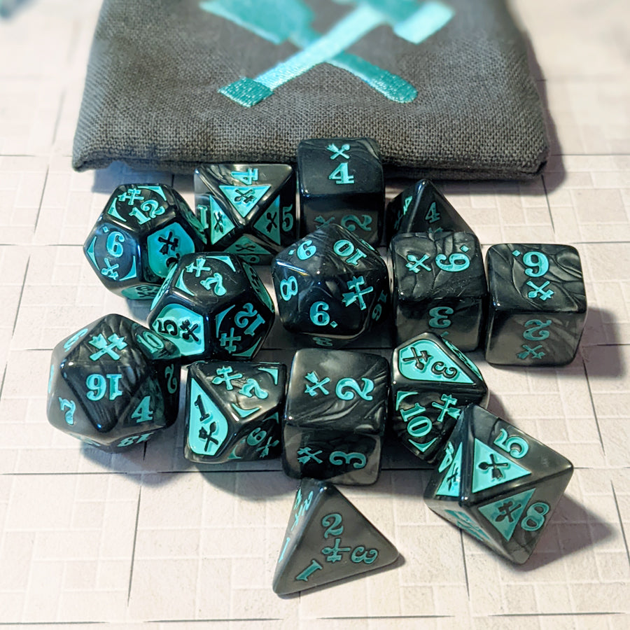 Bludgeoning Damage - Acrylic, Marble/Teal (14) Dice